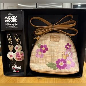 New Disney Mickey Mouse Floral Beige Crossbody Set w/ two sets of bag charms